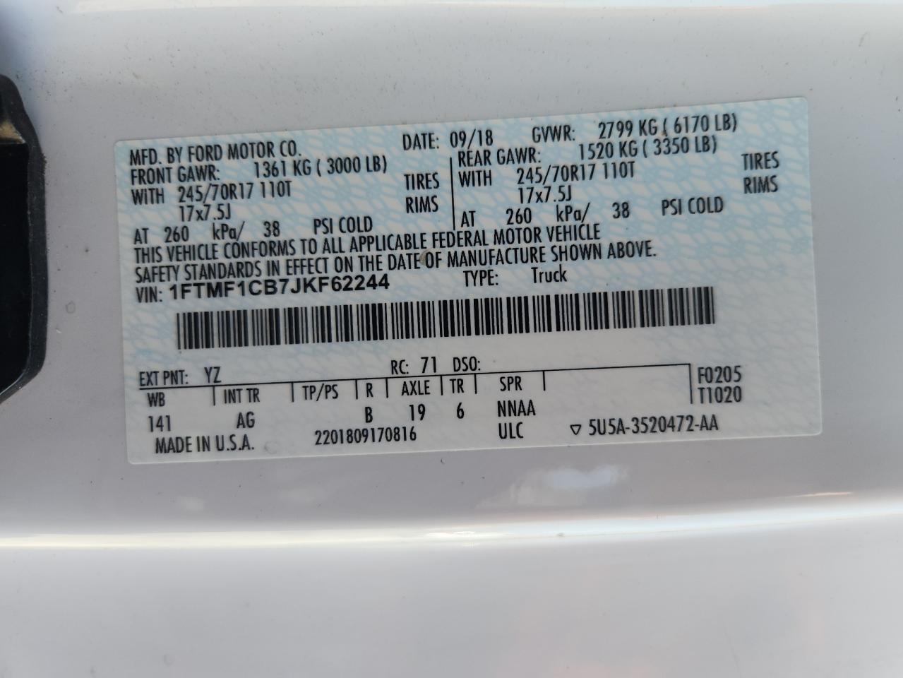 2018 Ford F150 VIN: 1FTMF1CB7JKF62244 Lot: 80843645