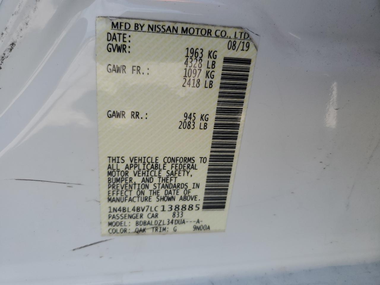 2020 Nissan Altima S VIN: 1N4BL4BV7LC138885 Lot: 80843615