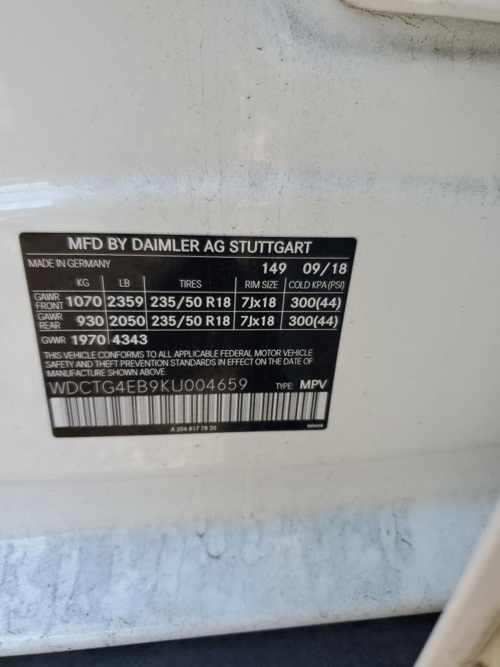 2019 Mercedes-Benz Gla 250 VIN: WDCTG4EB9KU004659 Lot: 80916715