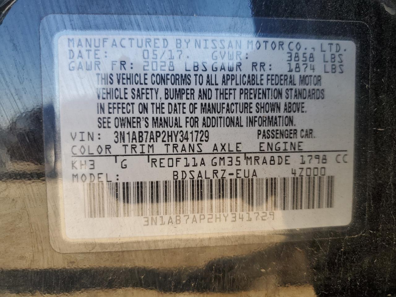 2017 Nissan Sentra S VIN: 3N1AB7AP2HY341729 Lot: 80674555