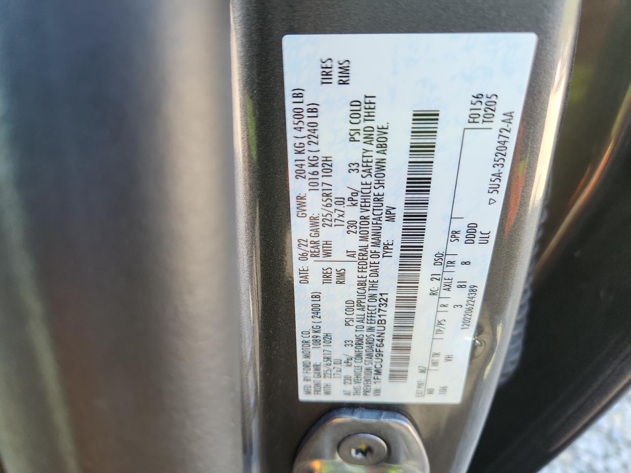 2022 Ford Escape VIN: 1FMCU9F64NUB17321 Lot: 71971255