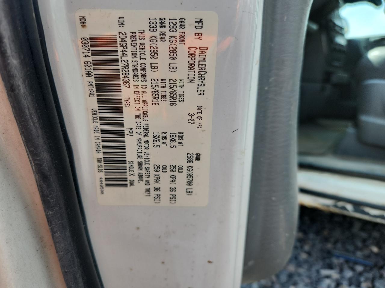 2007 Dodge Grand Caravan Sxt VIN: 2D4GP44L27R284367 Lot: 83758275