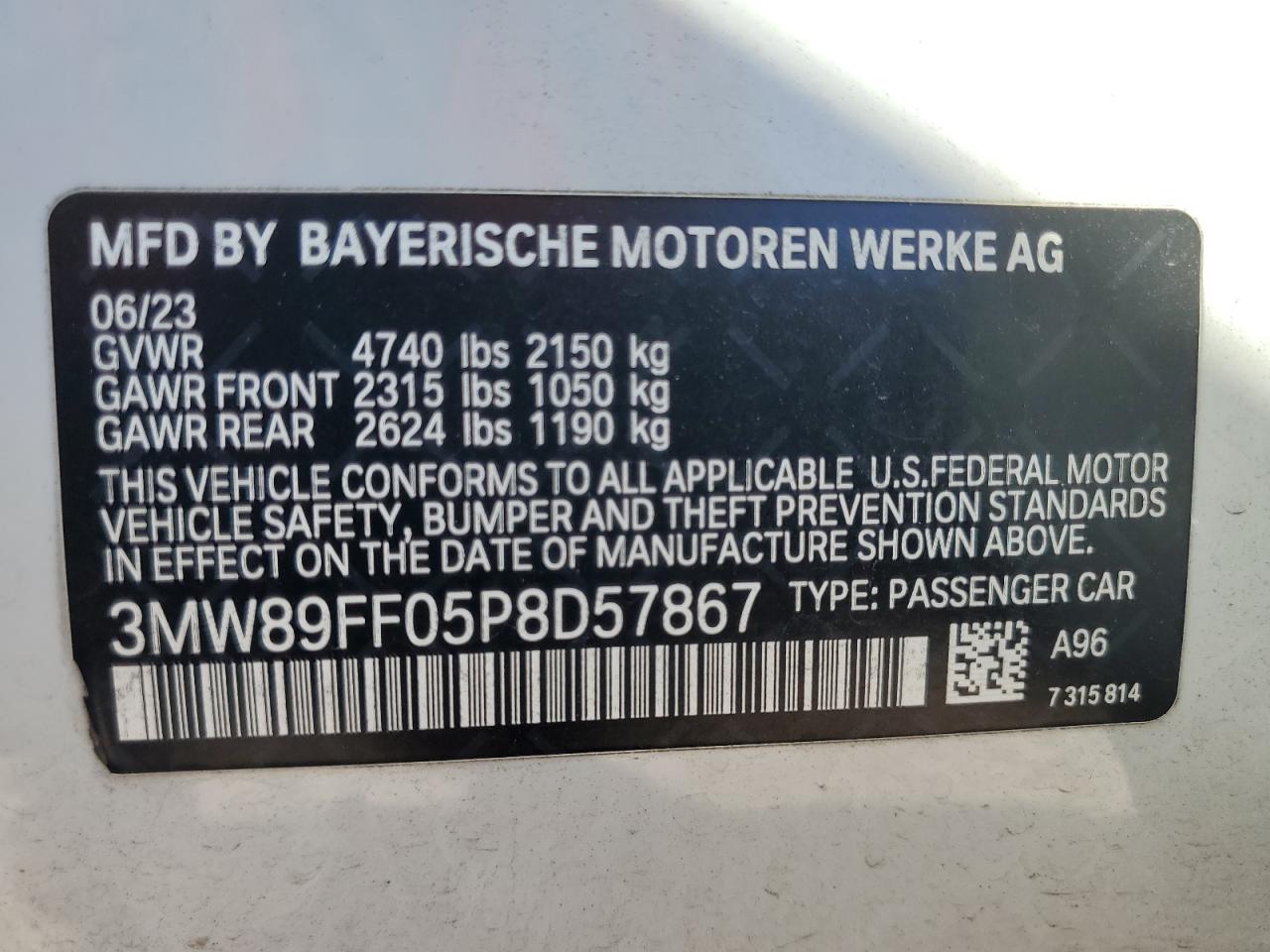 2023 BMW 330Xi VIN: 3MW89FF05P8D57867 Lot: 80008935