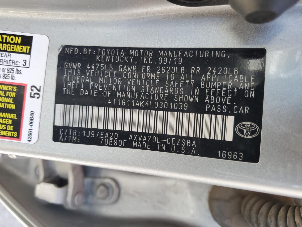 2020 Toyota Camry Se VIN: 4T1G11AK4LU301039 Lot: 81446925