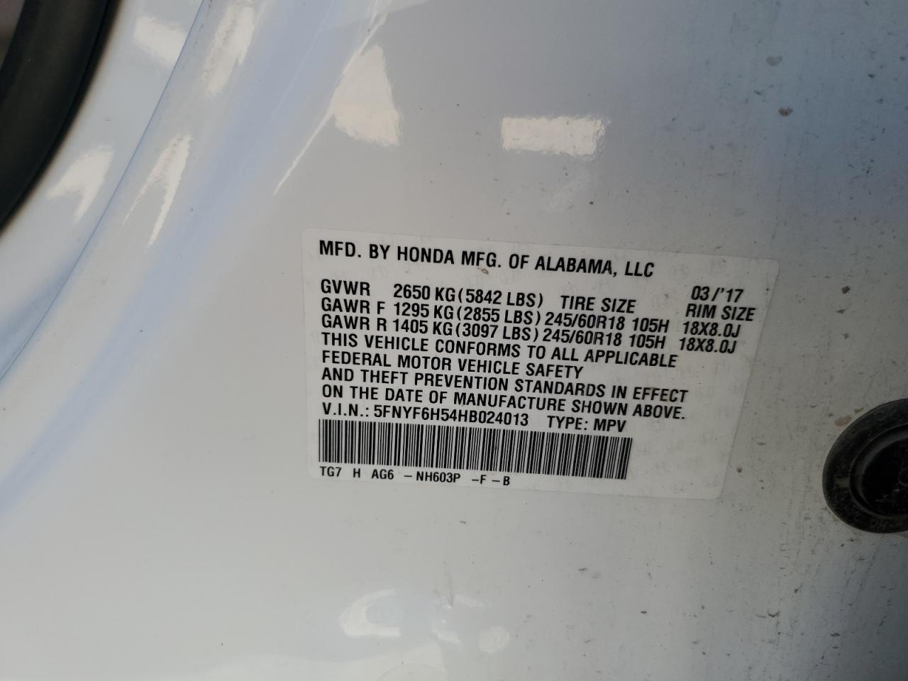 2017 Honda Pilot Exl VIN: 5FNYF6H54HB024013 Lot: 84299765