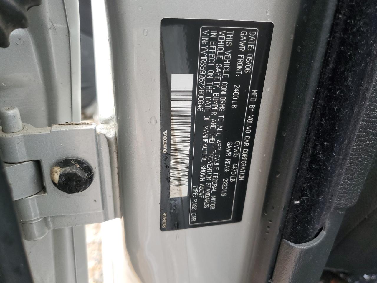 2007 Volvo S60 2.5T VIN: YV1RS592672600646 Lot: 81886625