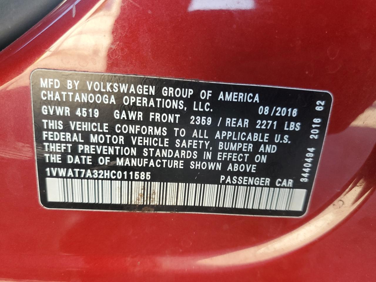 2017 Volkswagen Passat S VIN: 1VWAT7A32HC011585 Lot: 84041075