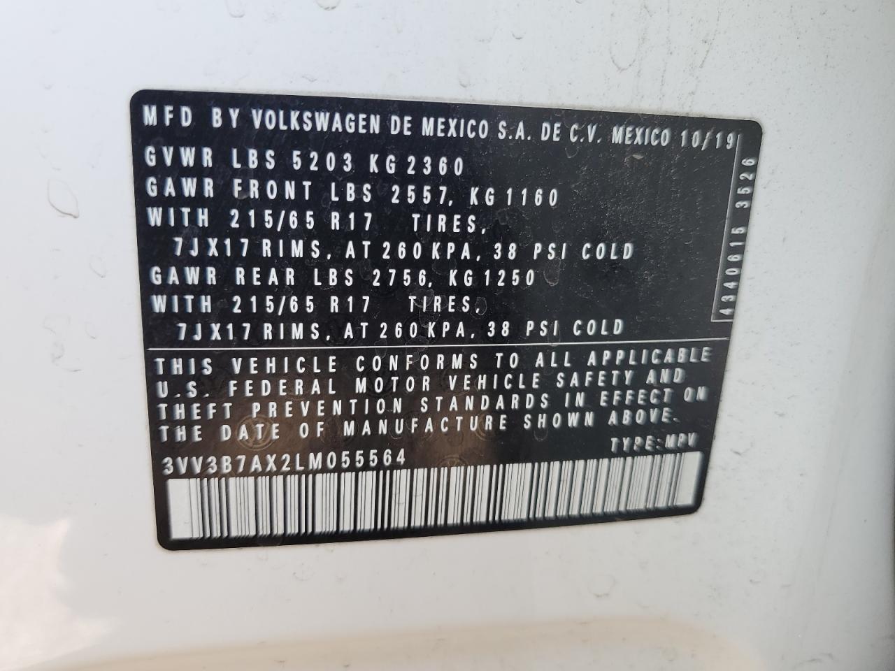 2020 Volkswagen Tiguan Se VIN: 3VV3B7AX2LM055564 Lot: 84298185