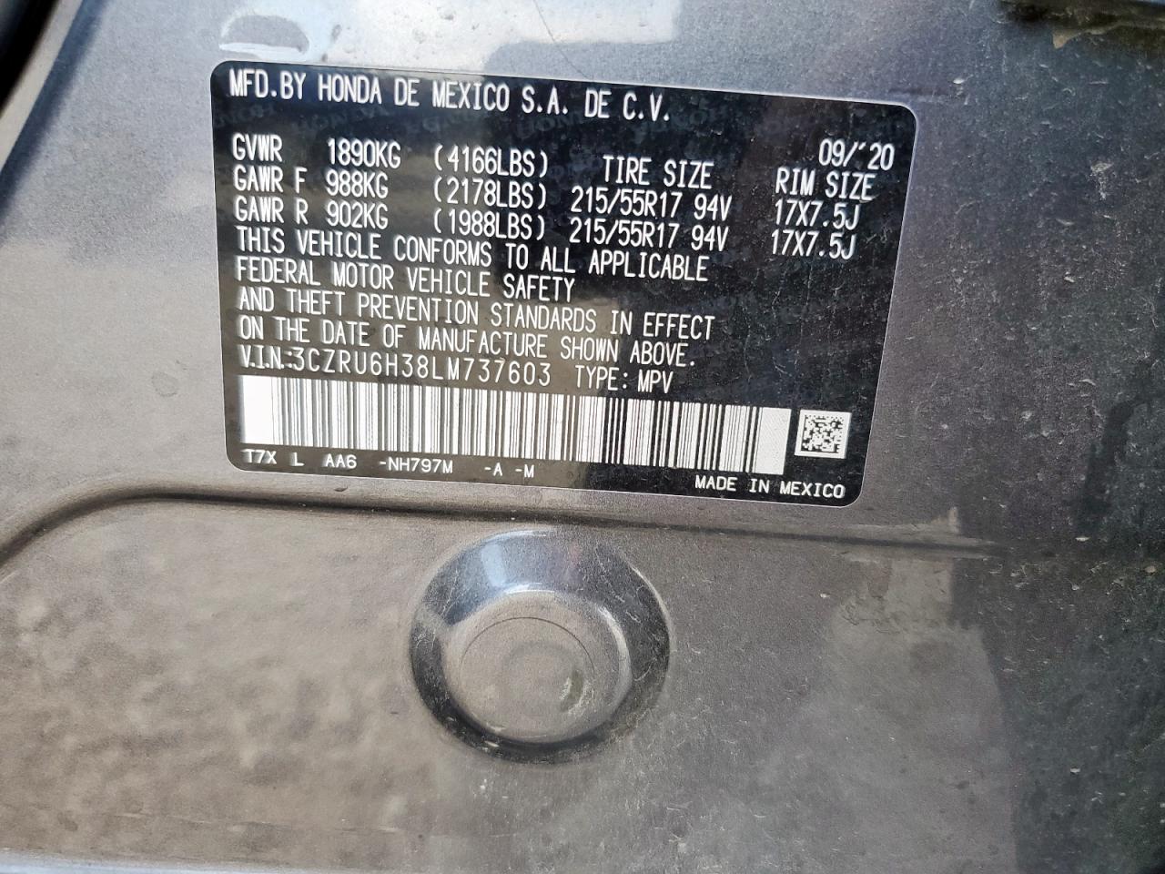 2020 Honda Hr-V Lx VIN: 3CZRU6H38LM737603 Lot: 82104545