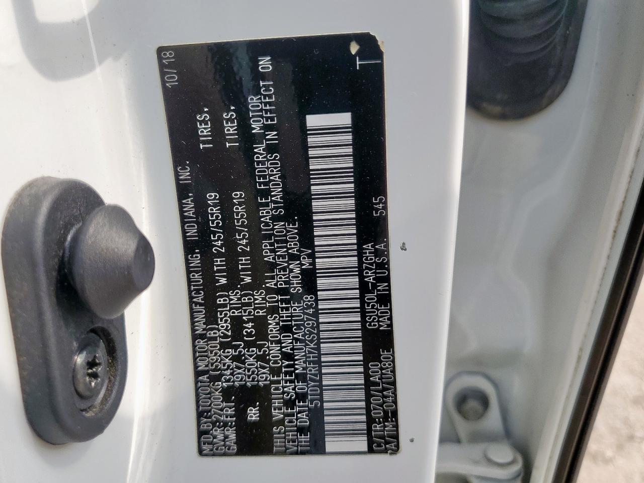 2019 Toyota Highlander Limited VIN: 5TDYZRFH7KS297438 Lot: 81332885