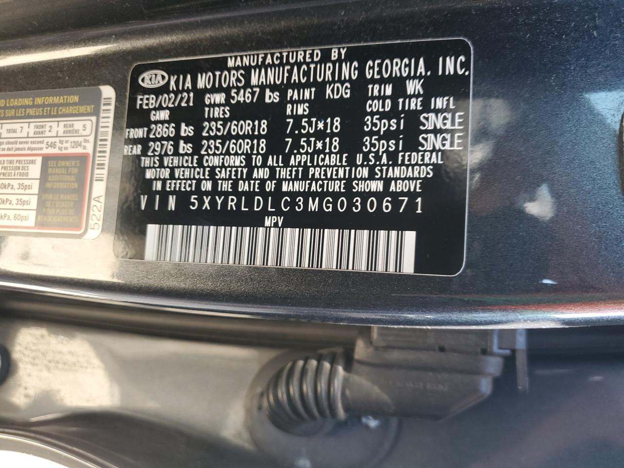 2021 Kia Sorento S VIN: 5XYRLDLC3MG030671 Lot: 84414705