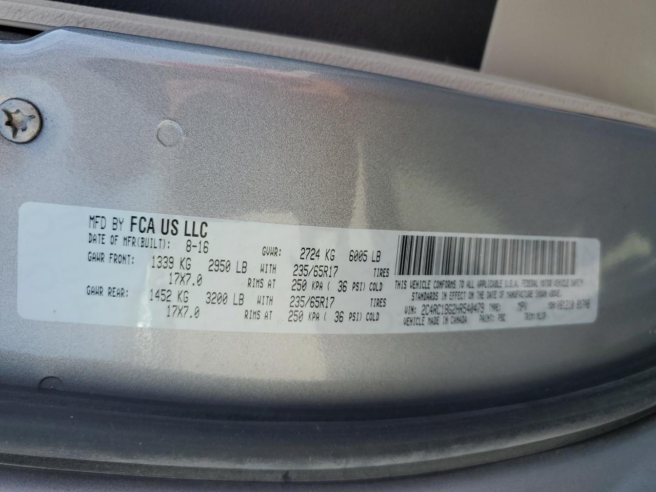 2017 Chrysler Pacifica Touring L VIN: 2C4RC1BG2HR540479 Lot: 89736255