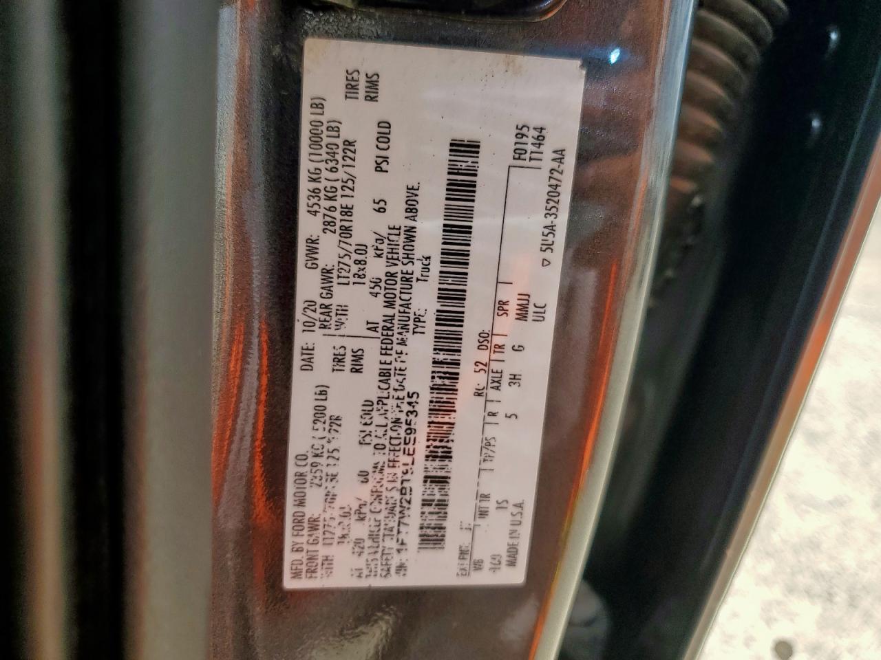 2020 Ford F250 Super Duty VIN: 1FT7W2BT8LEE95345 Lot: 82153895