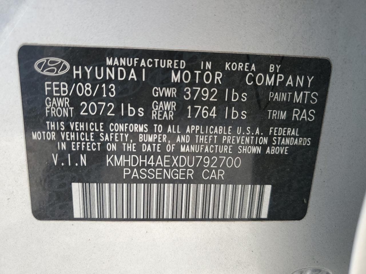 2013 Hyundai Elantra Gls VIN: KMHDH4AEXDU792700 Lot: 80726745