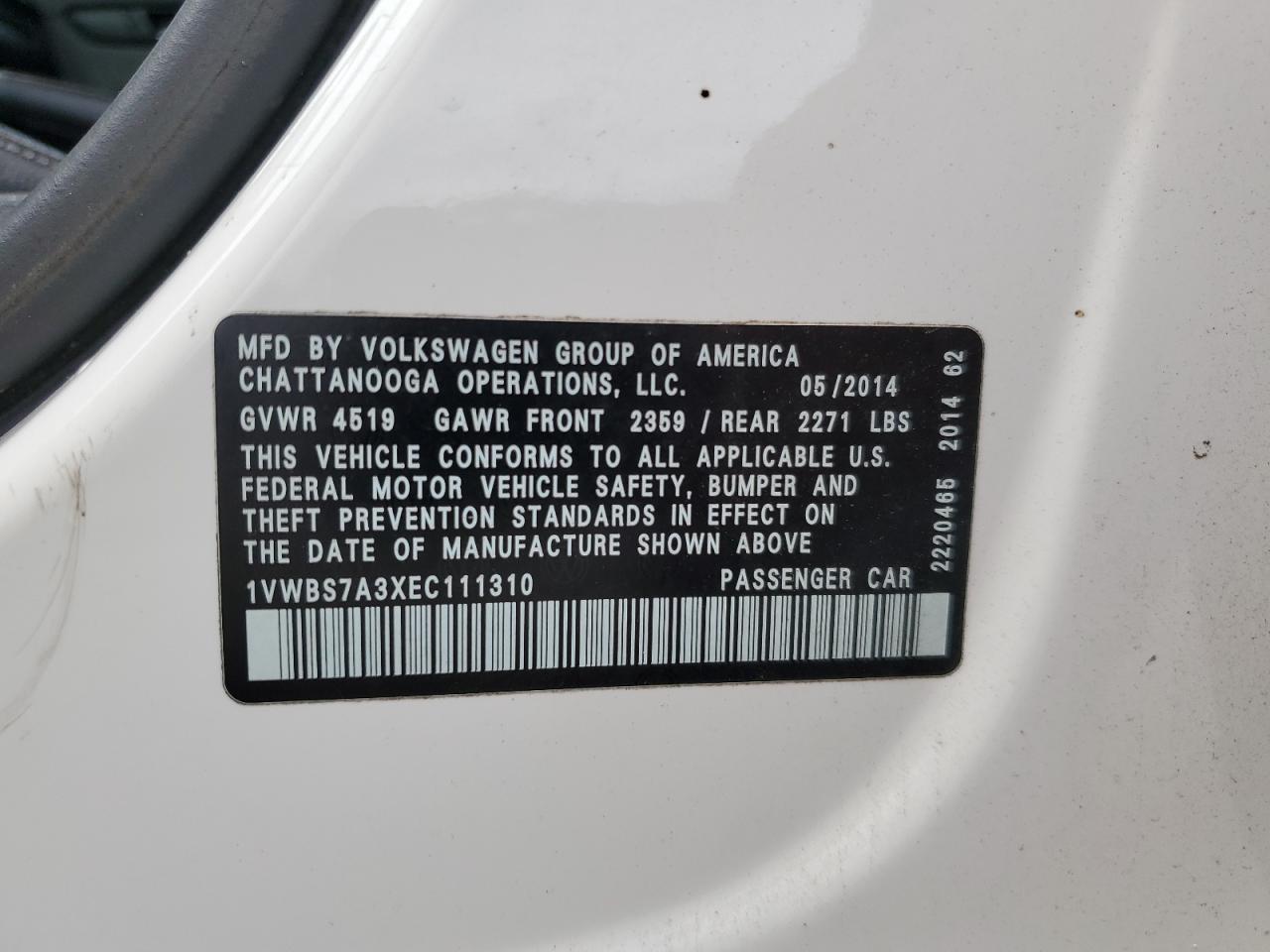 2014 Volkswagen Passat Se VIN: 1VWBS7A3XEC111310 Lot: 82064615