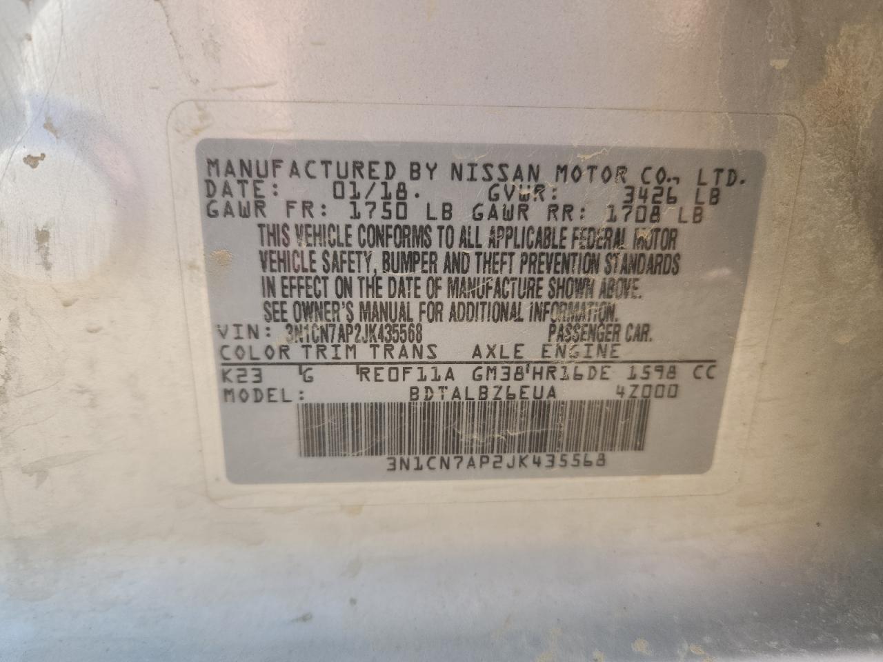 2018 Nissan Versa S VIN: 3N1CN7AP2JK435568 Lot: 71268055