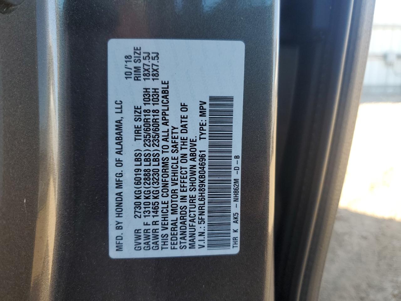 2019 Honda Odyssey Touring VIN: 5FNRL6H89KB046961 Lot: 84543845