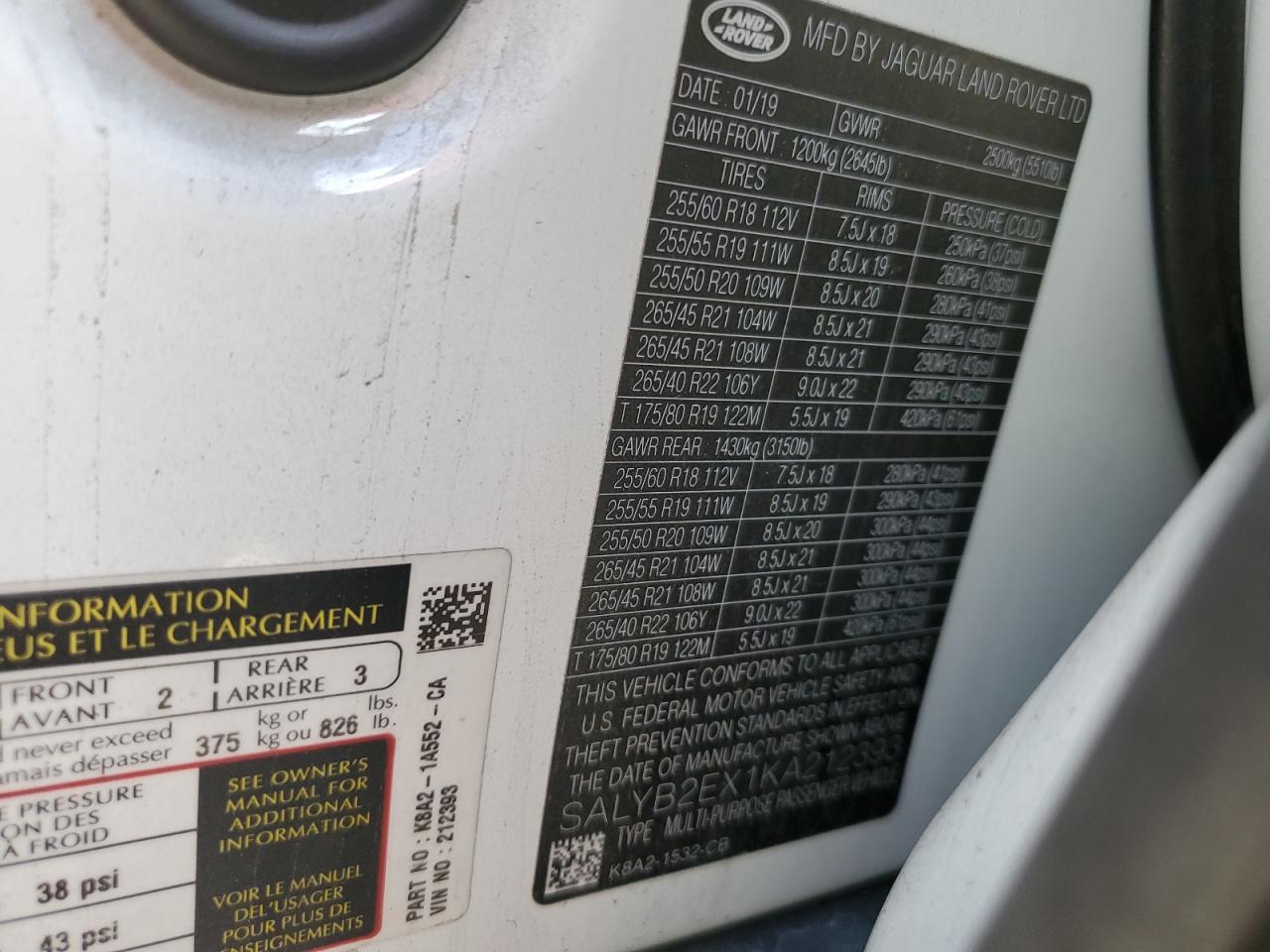 2019 Land Rover Range Rover Velar S VIN: SALYB2EX1KA212393 Lot: 91411695