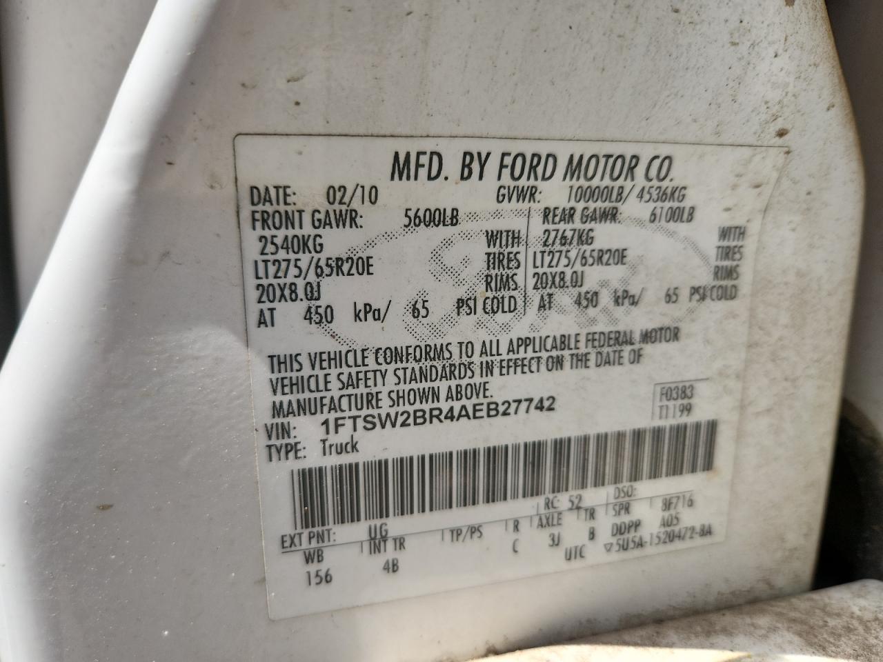 2010 Ford F250 Super Duty VIN: 1FTSW2BR4AEB27742 Lot: 71546245