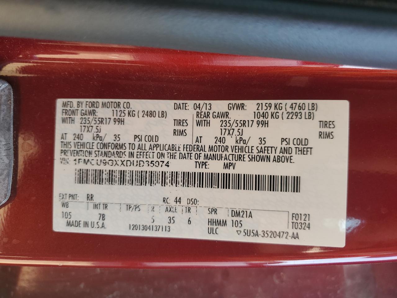 2013 Ford Escape Se VIN: 1FMCU9GXXDUD35074 Lot: 71108645