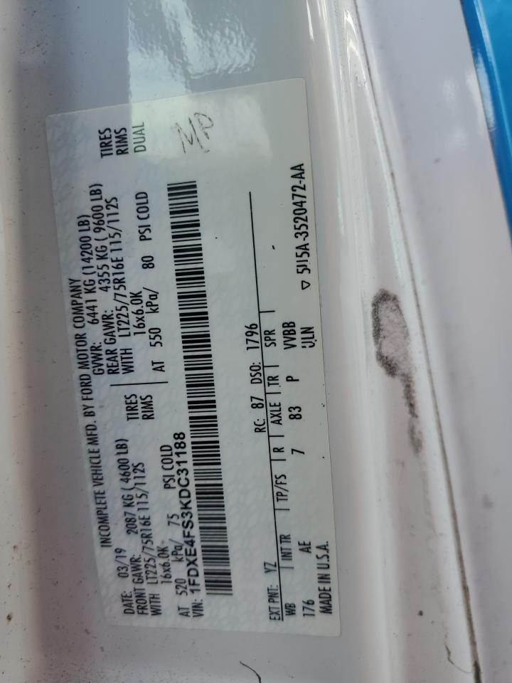 2019 Ford Econoline E450 Super Duty Cutaway Van VIN: 1FDXE4FS3KDC31188 Lot: 92750095