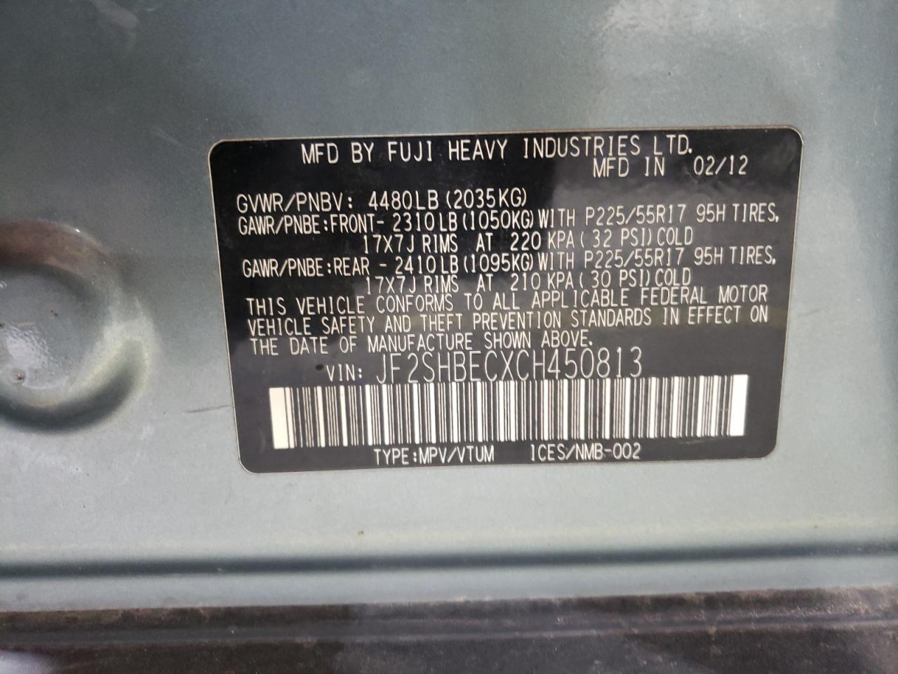 2012 Subaru Forester Limited VIN: JF2SHBECXCH450813 Lot: 71454065