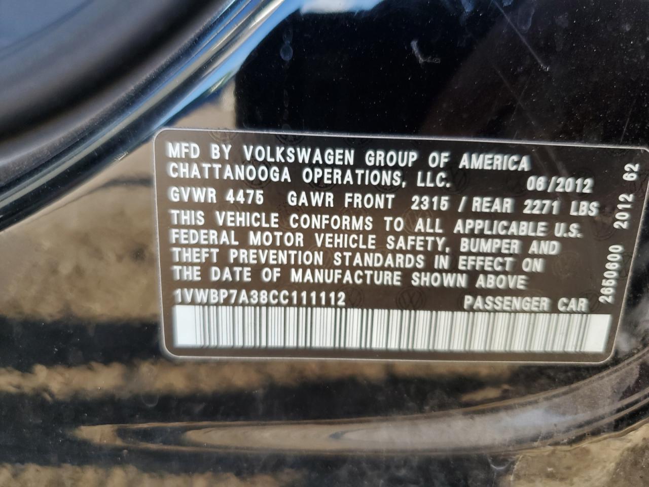 2012 Volkswagen Passat Se VIN: 1VWBP7A38CC111112 Lot: 80484515