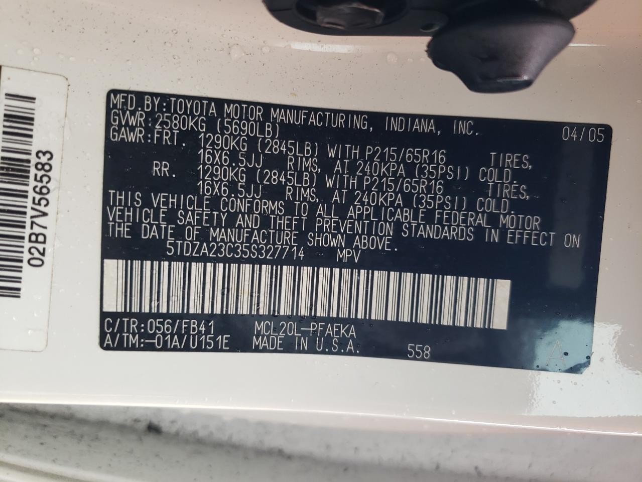2005 Toyota Sienna Ce VIN: 5TDZA23C35S327714 Lot: 81909225