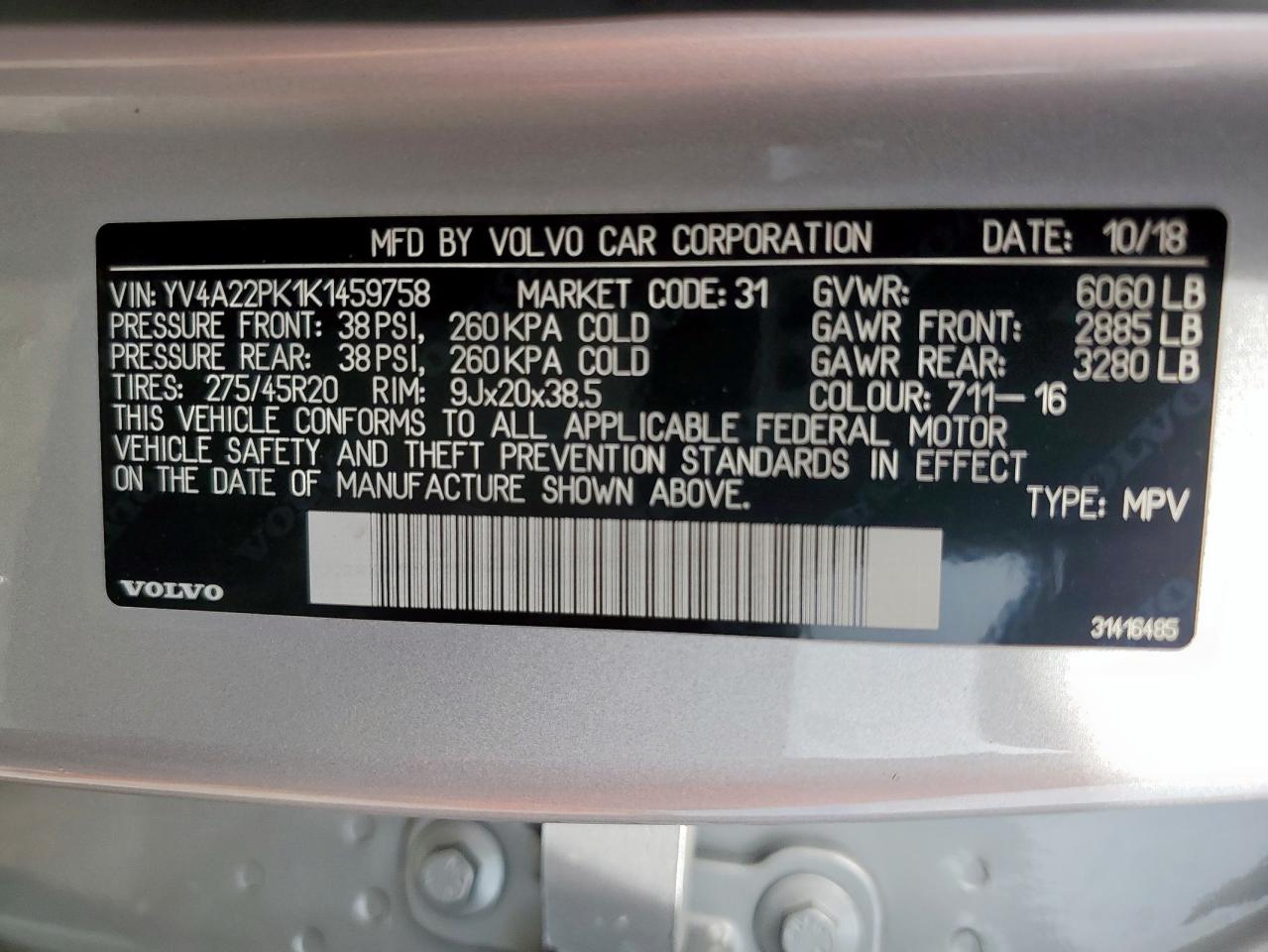 2019 Volvo Xc90 T6 Momentum VIN: YV4A22PK1K1459758 Lot: 71670505