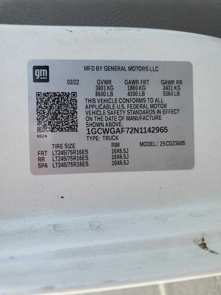 2022 Chevrolet Express G2500 VIN: 1GCWGAF72N1142965 Lot: 81623555