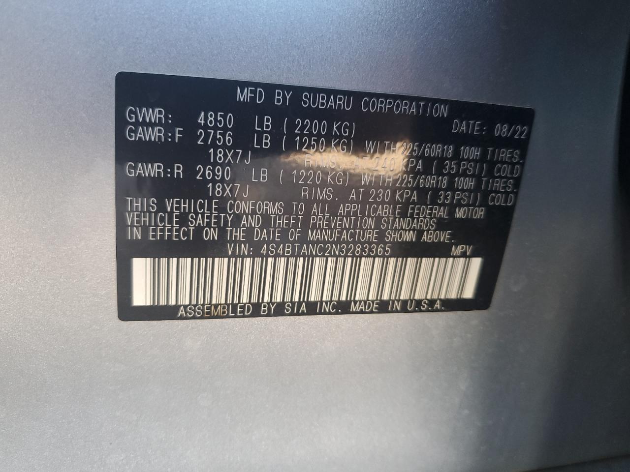 2022 Subaru Outback Limited VIN: 4S4BTANC2N3283365 Lot: 83930635