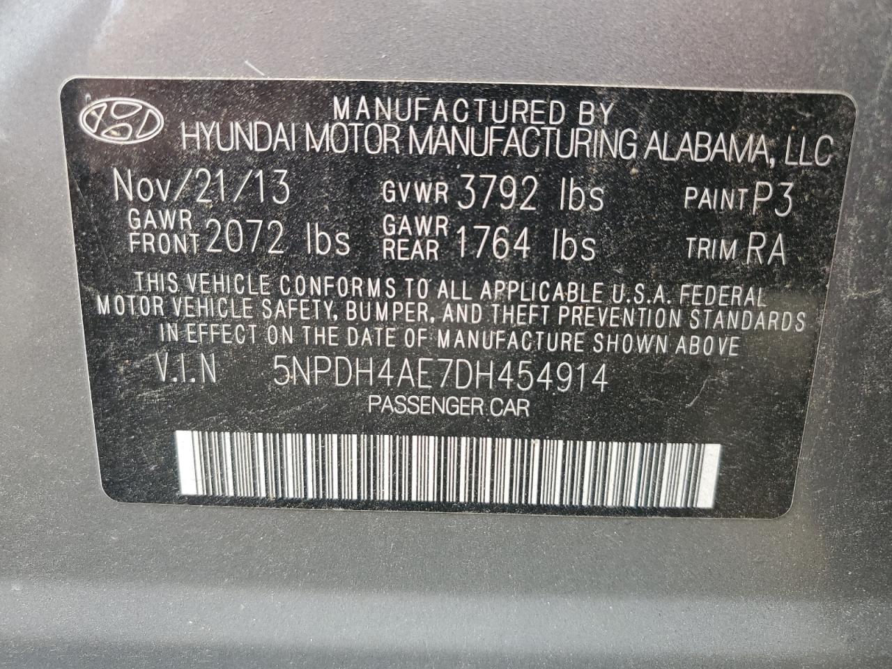 2013 Hyundai Elantra Gls VIN: 5NPDH4AE7DH454914 Lot: 83864915