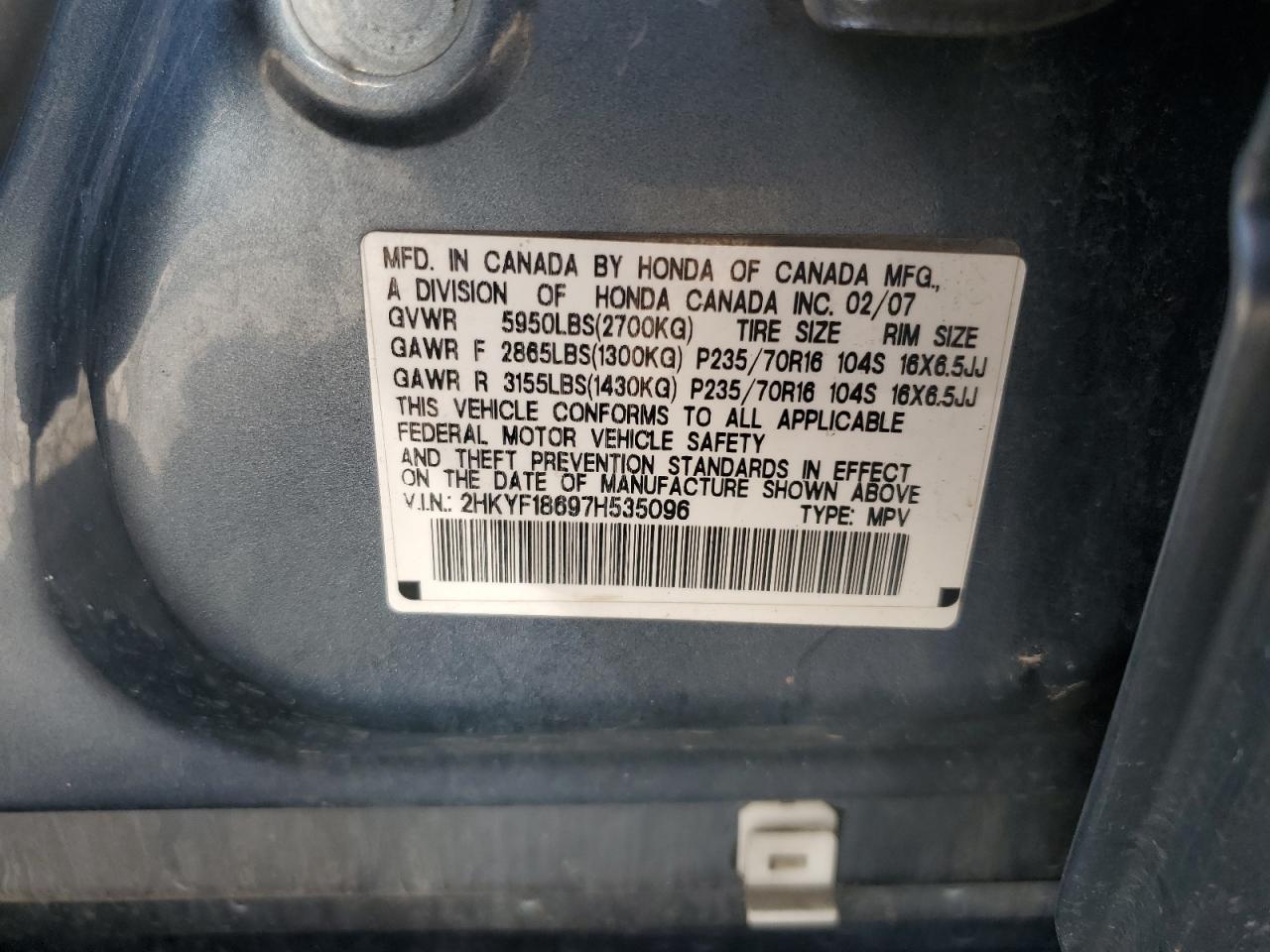 2007 Honda Pilot Exl VIN: 2HKYF18697H535096 Lot: 81346615