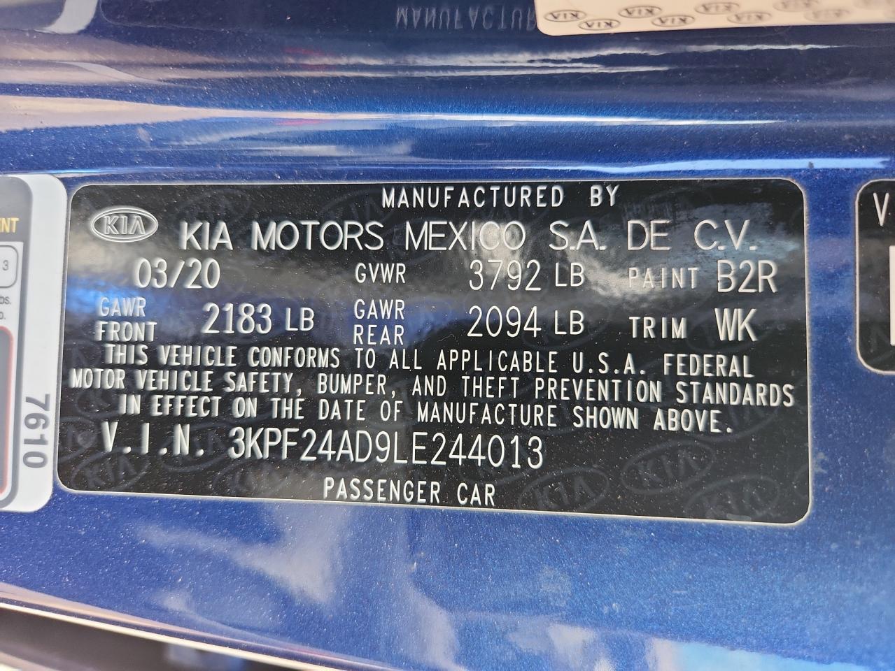 2020 Kia Forte Fe VIN: 3KPF24AD9LE244013 Lot: 71520385