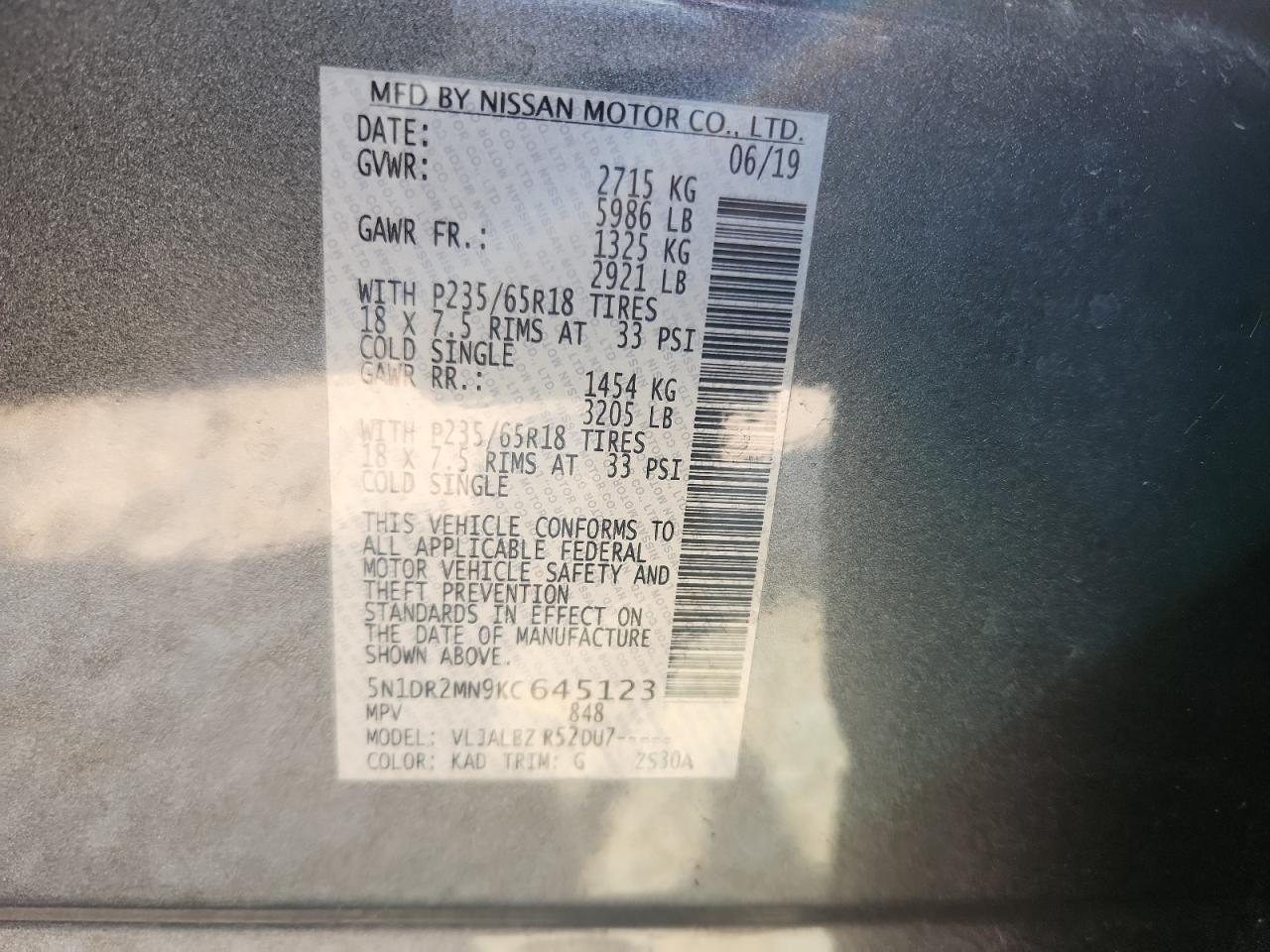 2019 Nissan Pathfinder S VIN: 5N1DR2MN9KC645123 Lot: 81515475