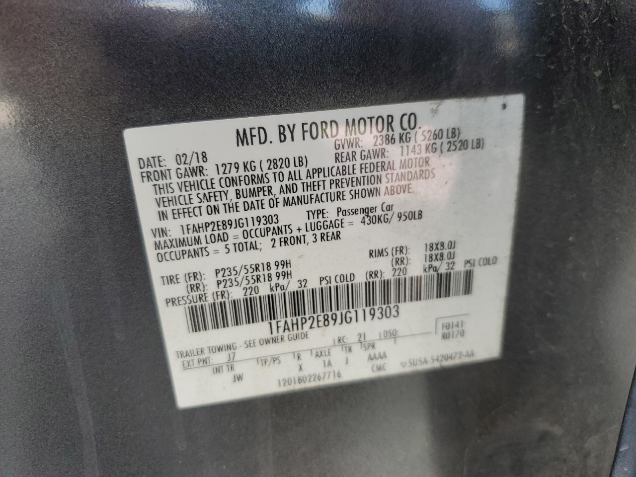 2018 Ford Taurus Sel VIN: 1FAHP2E89JG119303 Lot: 84584455