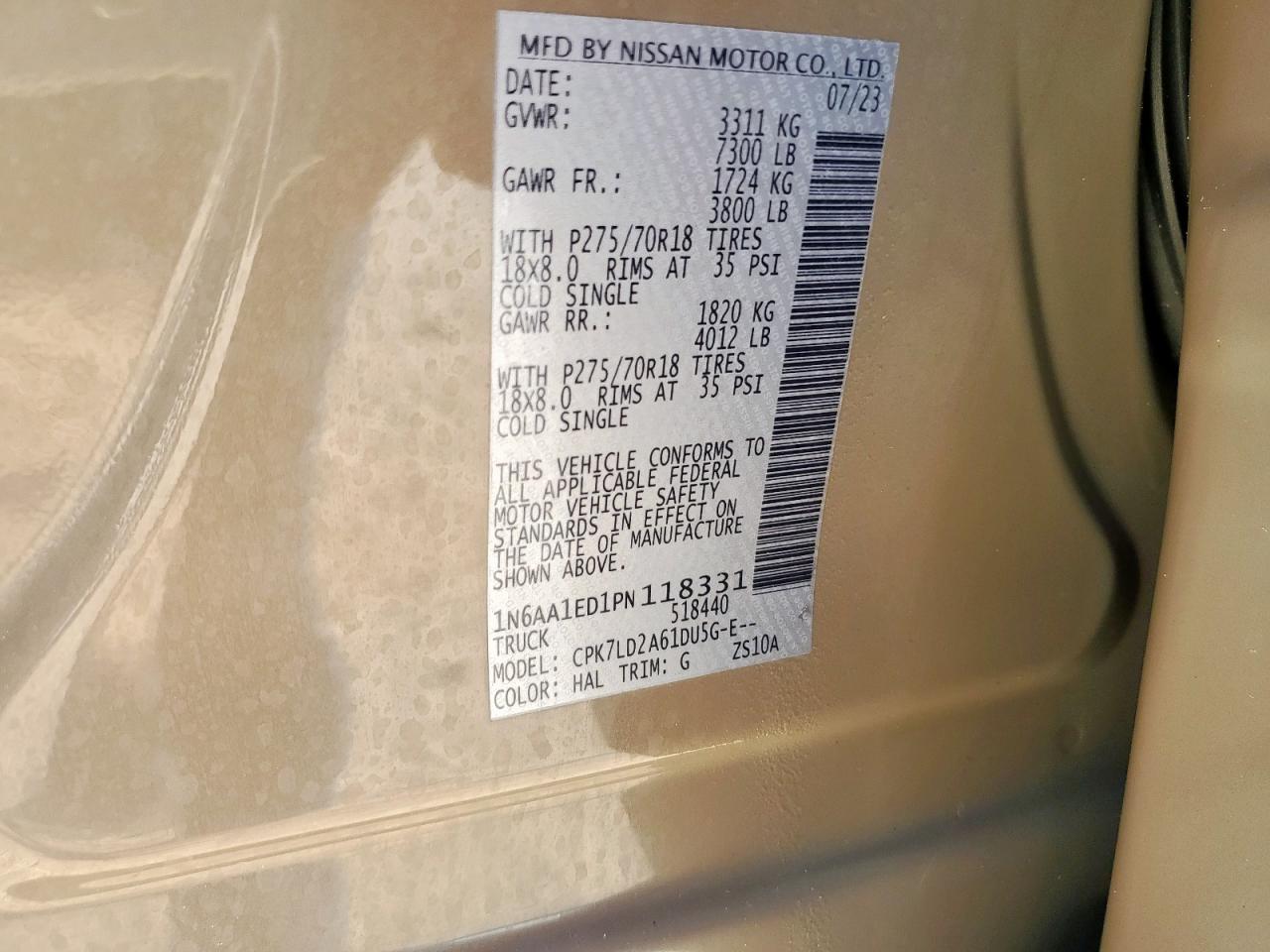 2023 Nissan Titan Sv VIN: 1N6AA1ED1PN118331 Lot: 81044725