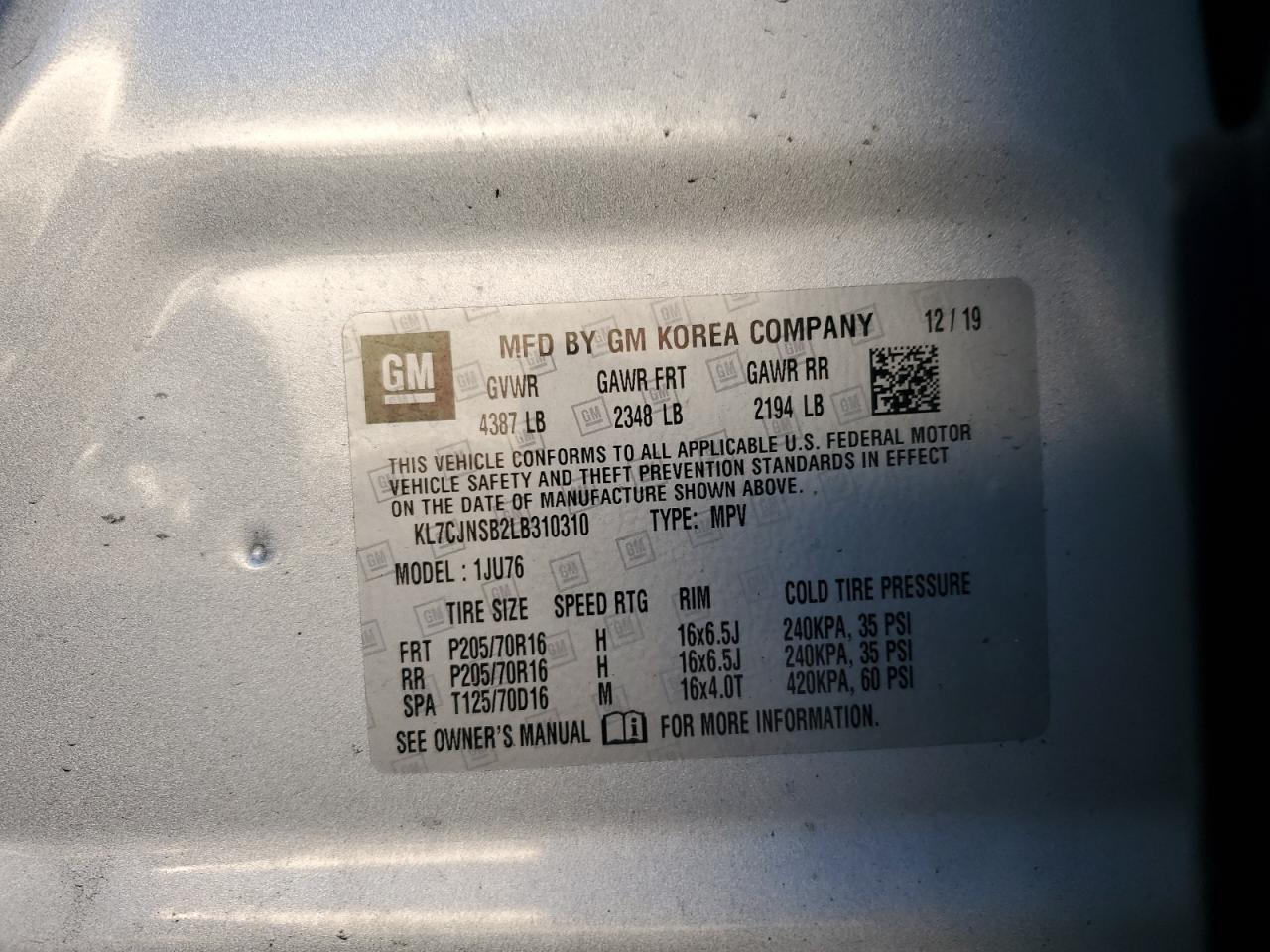 2020 Chevrolet Trax Ls VIN: KL7CJNSB2LB310310 Lot: 82141975