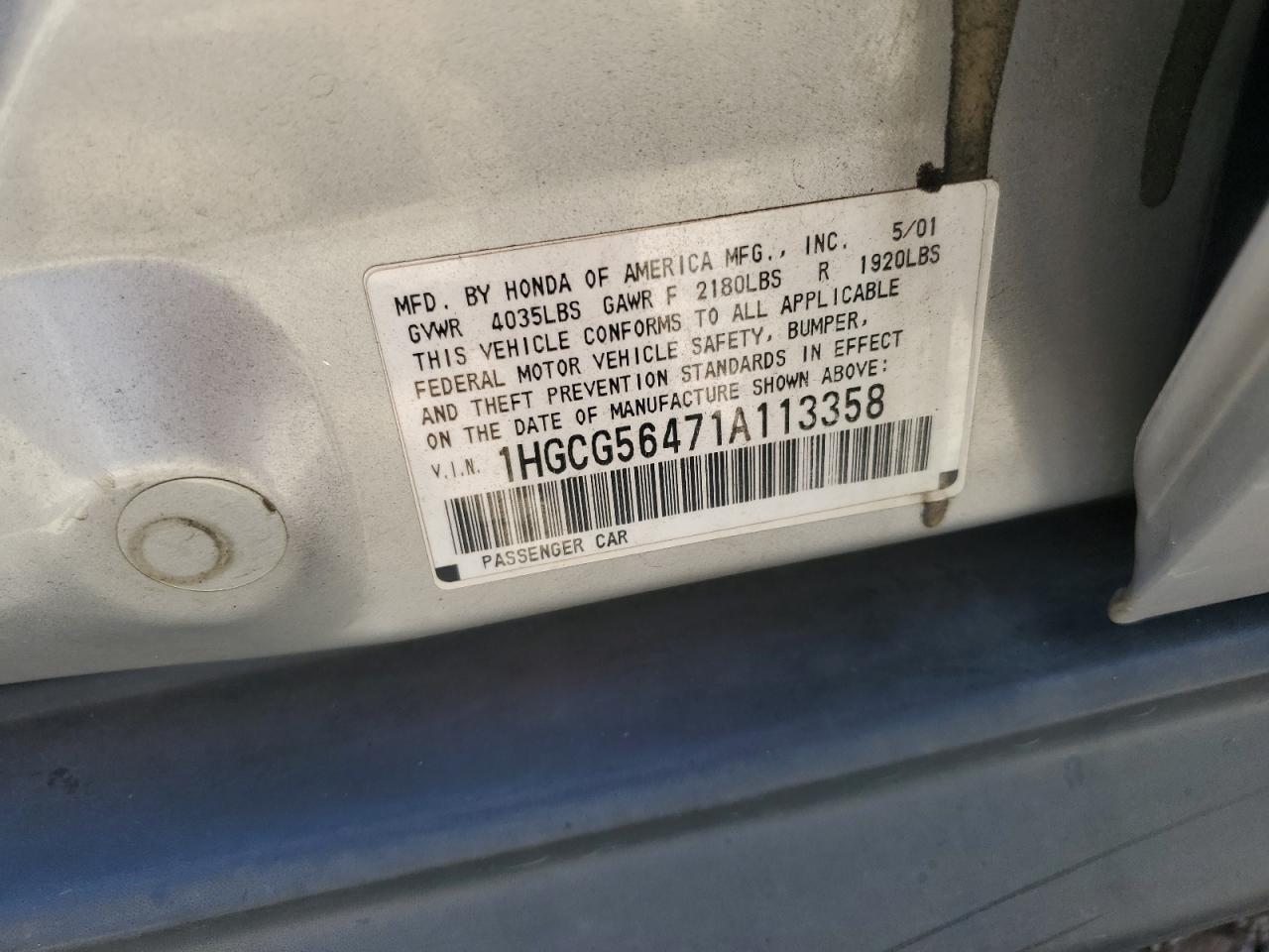 2001 Honda Accord Lx VIN: 1HGCG56471A113358 Lot: 71661335