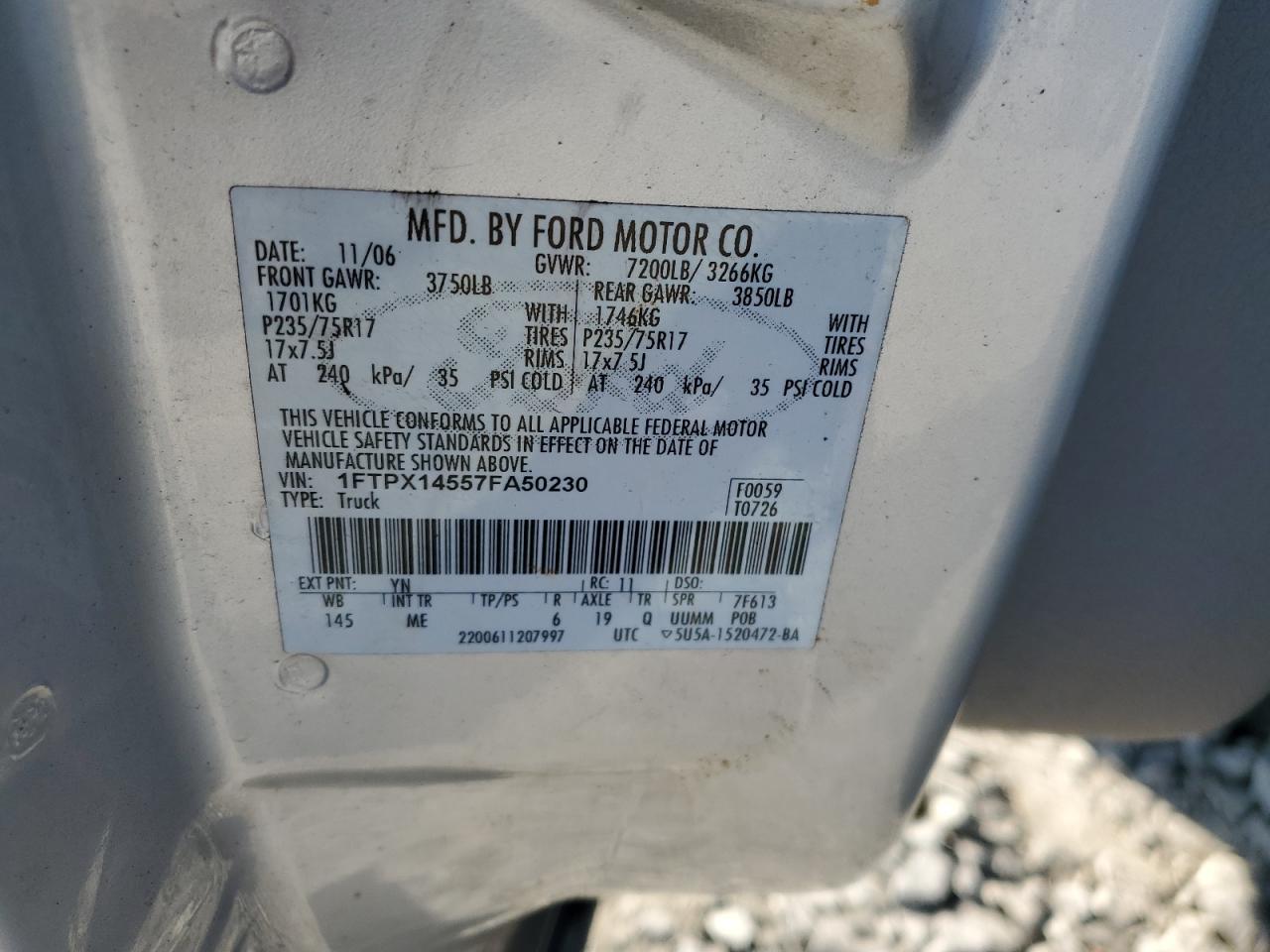 2007 Ford F150 VIN: 1FTPX14557FA50230 Lot: 82026905