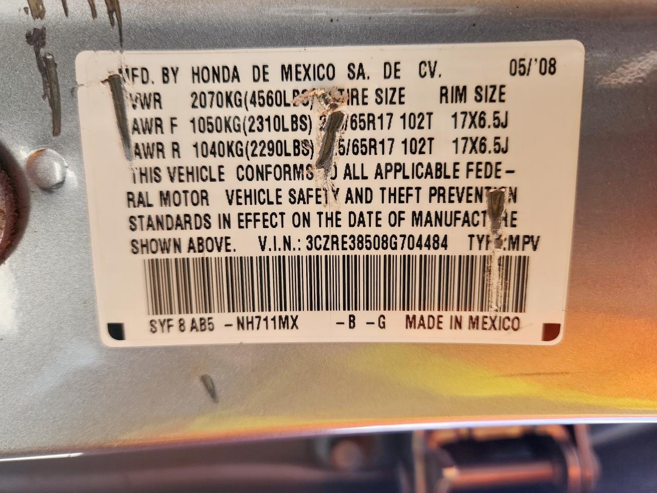 2008 Honda Cr-V Ex VIN: 3CZRE38508G704484 Lot: 83778325