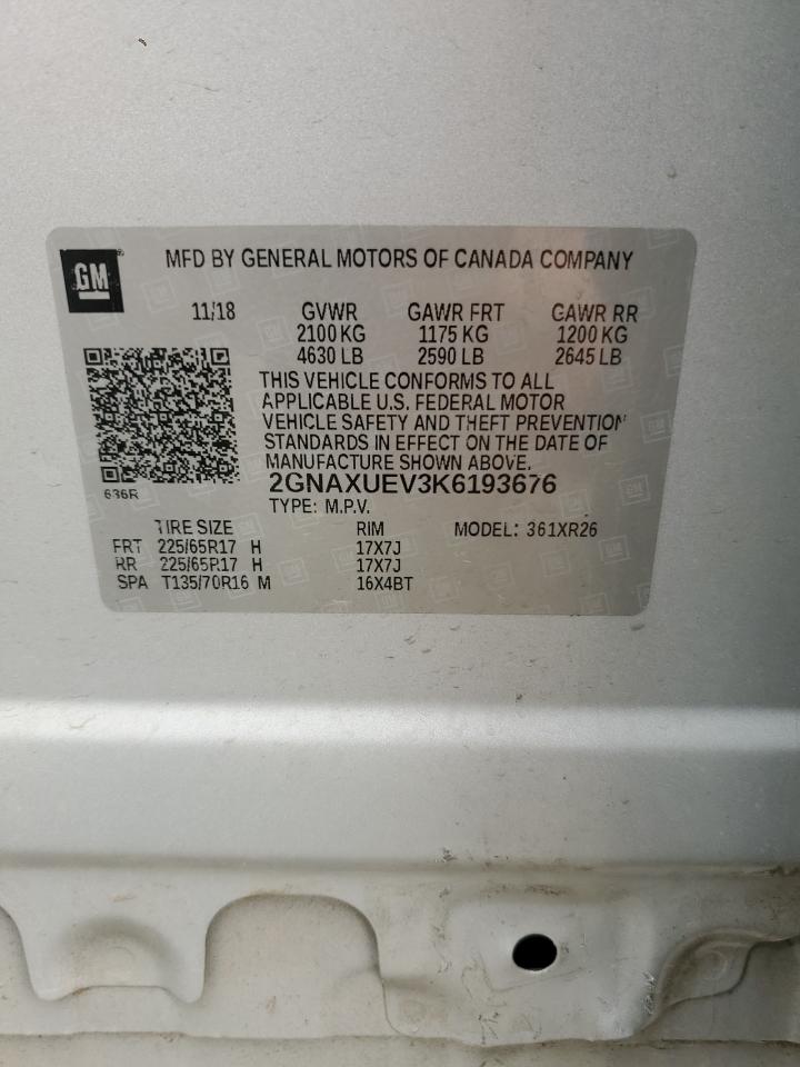 2019 Chevrolet Equinox Lt VIN: 2GNAXUEV3K6193676 Lot: 70869825