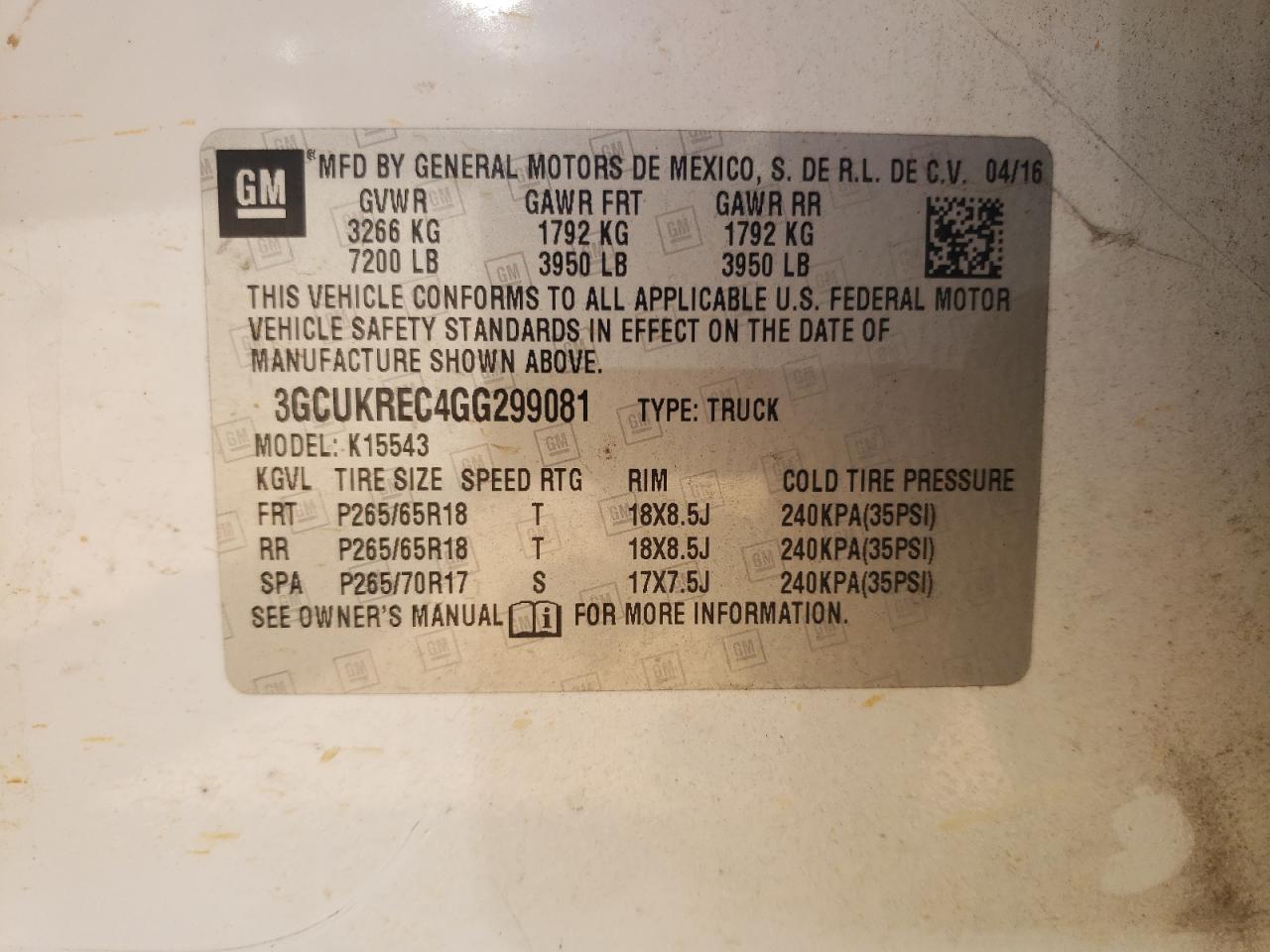 2016 Chevrolet Silverado K1500 Lt VIN: 3GCUKREC4GG299081 Lot: 80703405