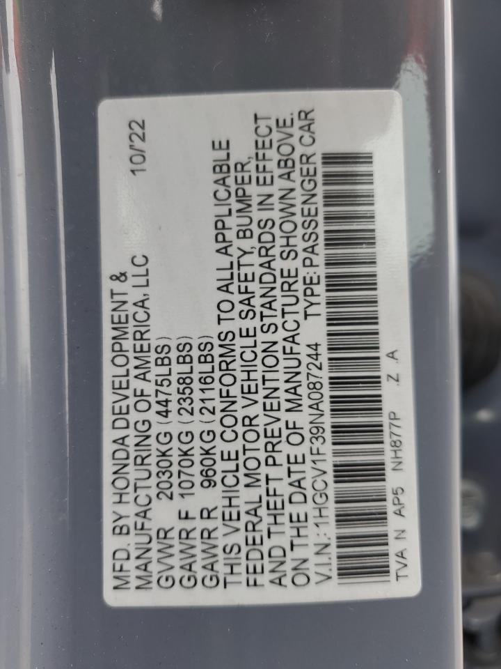 2022 Honda Accord Sport VIN: 1HGCV1F39NA087244 Lot: 69741835
