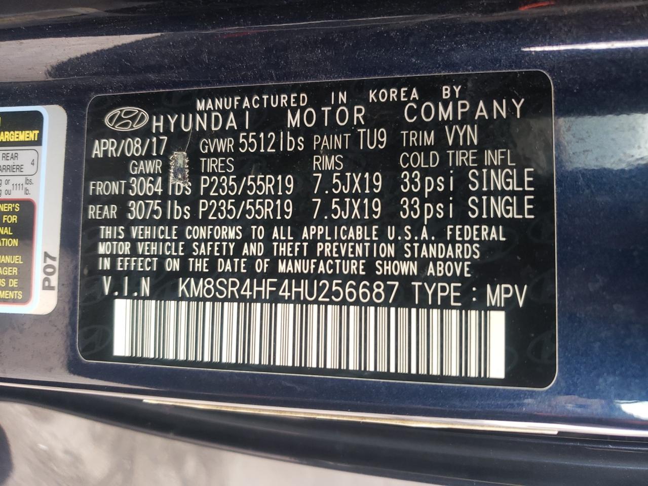 2017 Hyundai Santa Fe Se Ultimate VIN: KM8SR4HF4HU256687 Lot: 84831235