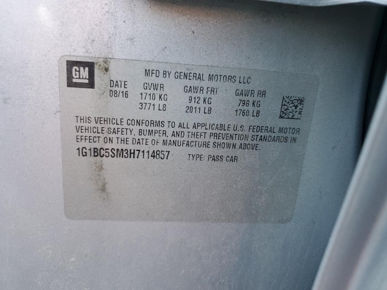 2017 Chevrolet Cruze Ls VIN: 1G1BC5SM3H7114857 Lot: 82157855