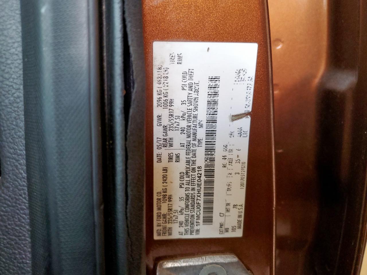 2017 Ford Escape S VIN: 1FMCU0F7XHUE04218 Lot: 71748885