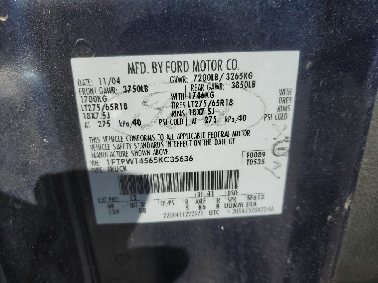 2005 Ford F150 Supercrew VIN: 1FTPW14565KC35636 Lot: 71260575
