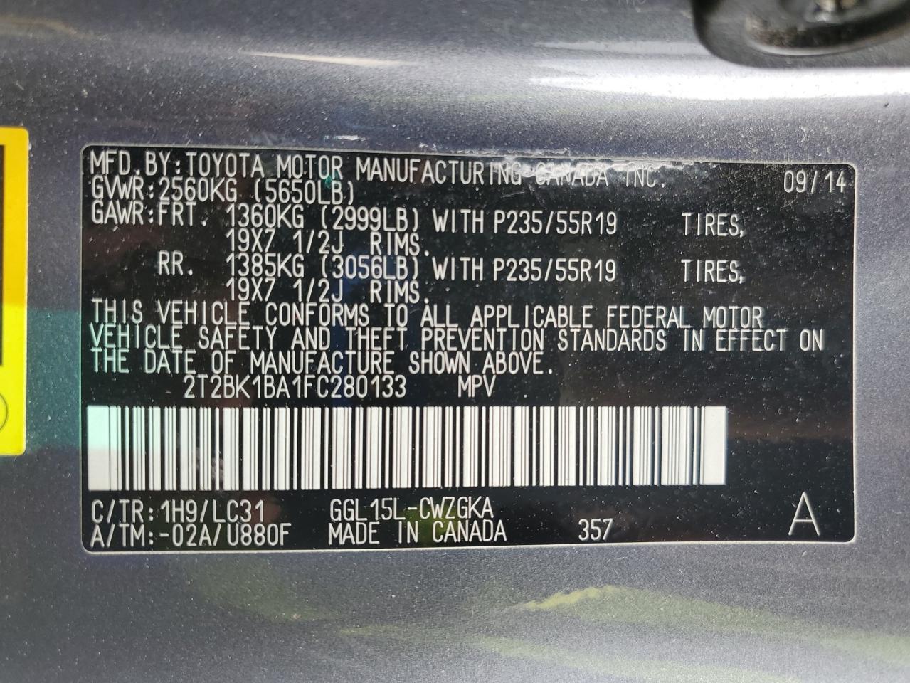 2015 Lexus Rx 350 Base VIN: 2T2BK1BA1FC280133 Lot: 84183745