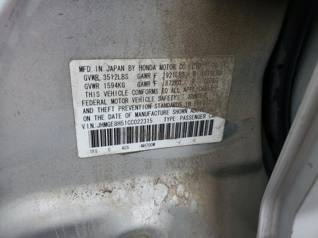 2012 Honda Fit Sport VIN: JHMGE8H51CC022315 Lot: 84000015